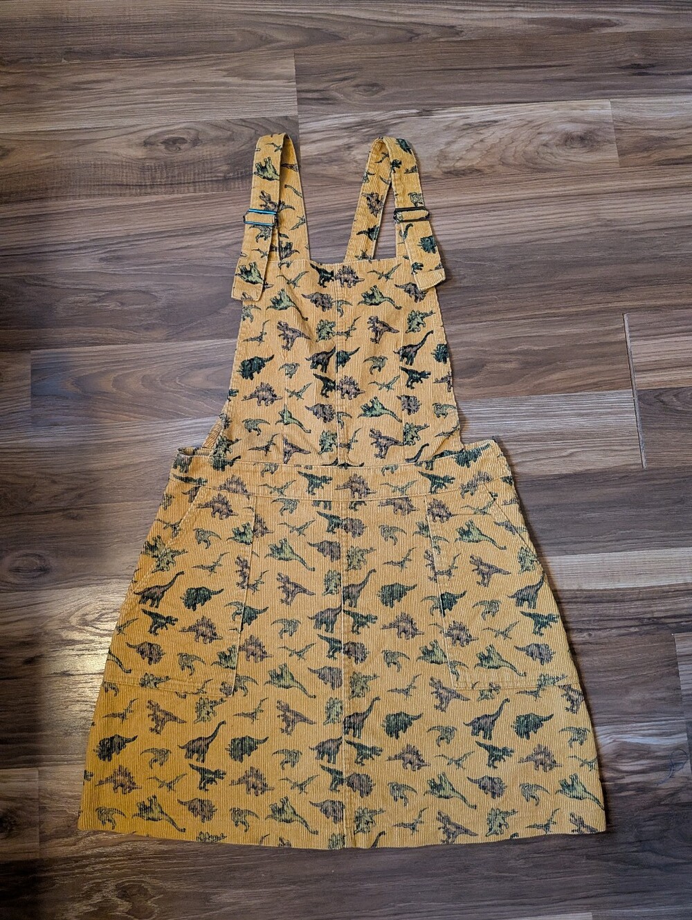 Run & Fly corduroy dinosaur print overalls pinafore dress size 10 mustard yellow